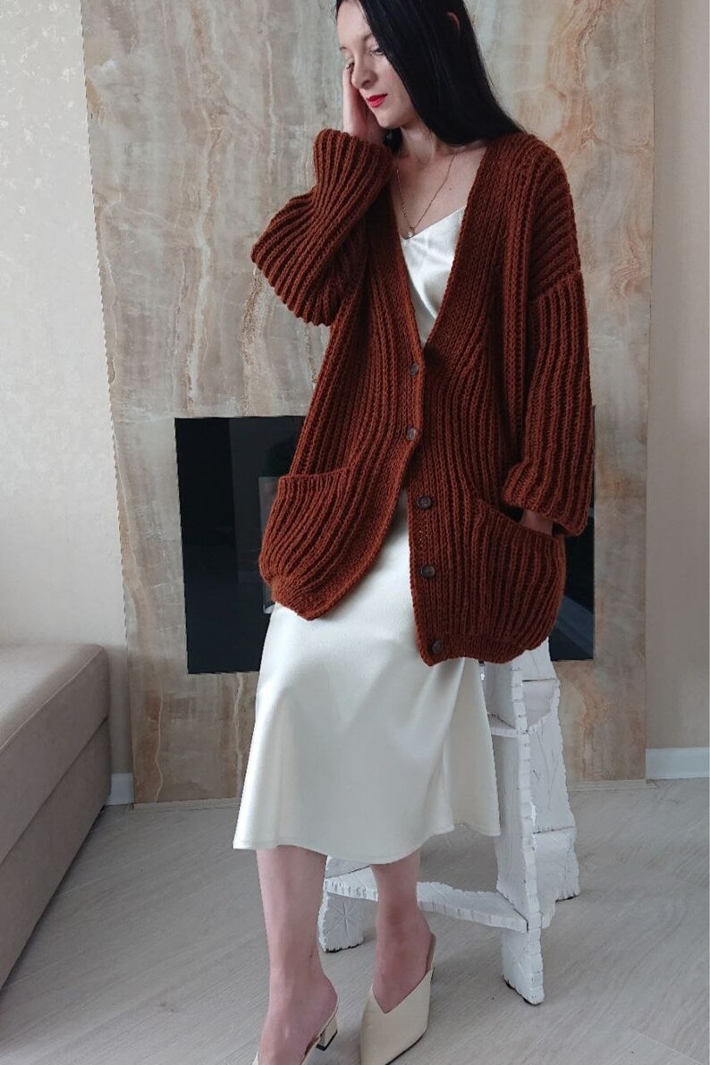 Mid length cardigan for women Chunky knit oversized cardigan Wool hand knit cardigan women image 3
