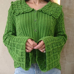 Cropped cotton cardigan Edwardian blouse Green knit cardigan image 4