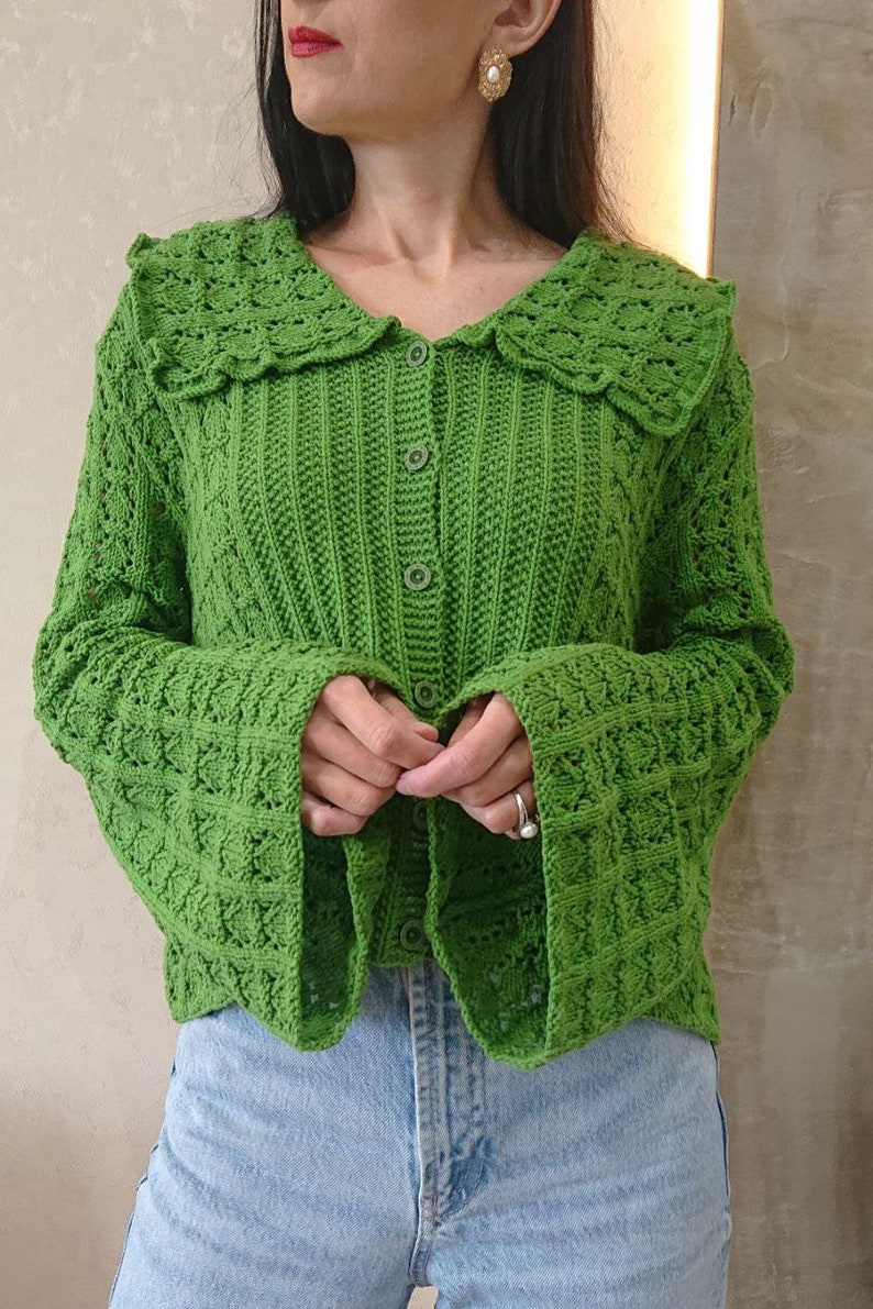 Cropped cotton cardigan Edwardian blouse Green knit cardigan image 4