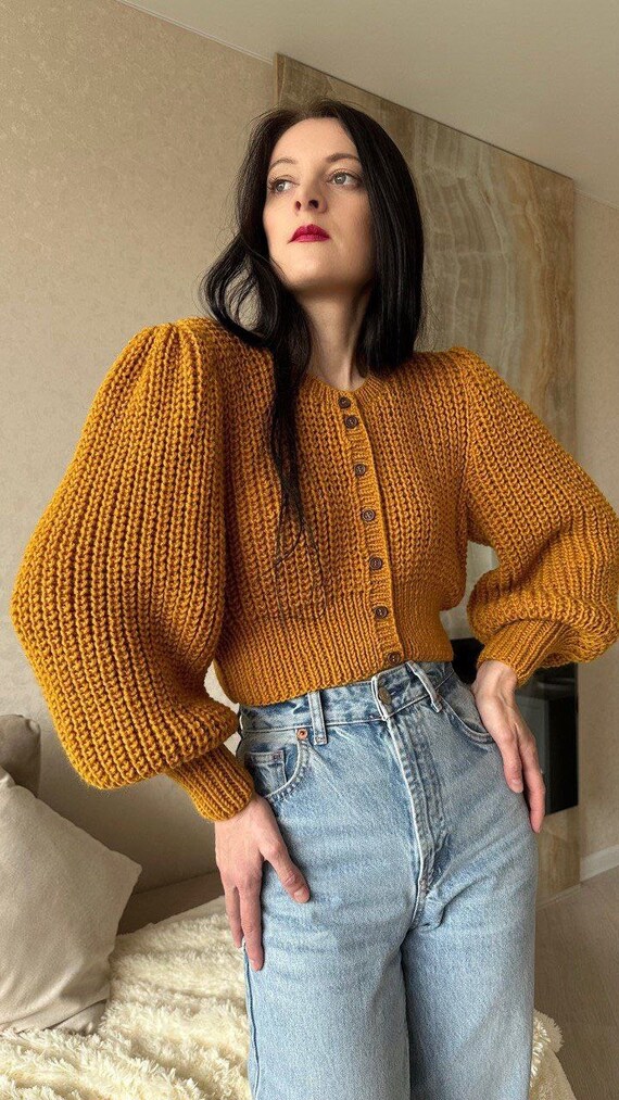 Cropped Wool Cardigan Long Sleeve Knitted Crop Top Button up