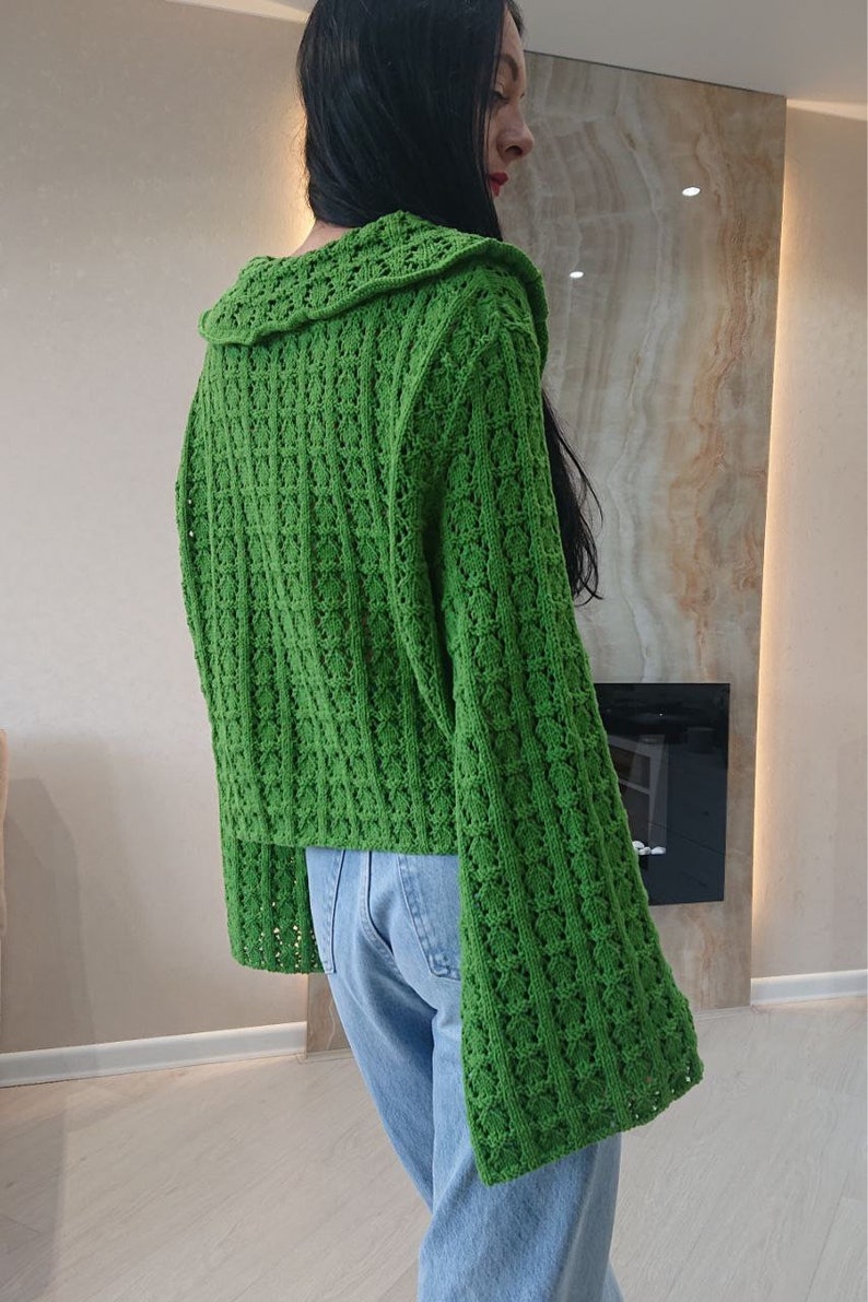 Cropped cotton cardigan Edwardian blouse Green knit cardigan image 9