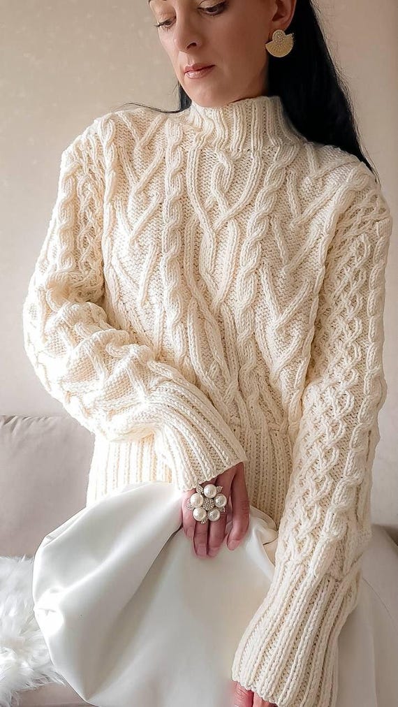 Zopfmuster Rollkragen Wolle Aran Pullover Creme Pullover gestrickt
