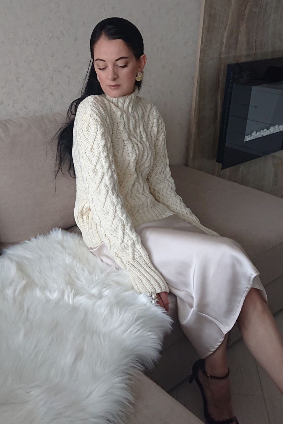 Cream Cable Knit Sweater Chunky Turtleneck Aran Sweater for Women Etsy