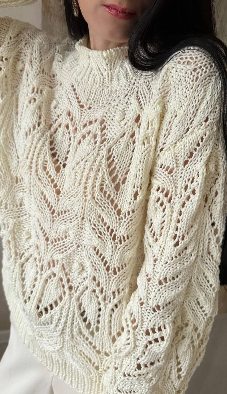 Chunky knit sweater cream Hand knit cotton sweater Knit lace sweater for women image 8