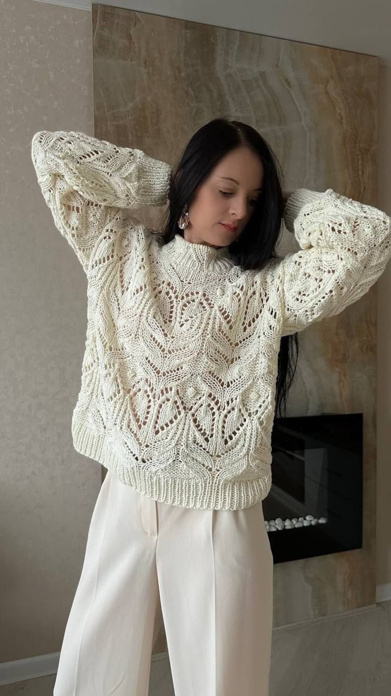 Chunky knit sweater cream Hand knit cotton sweater Knit lace sweater for women image 1