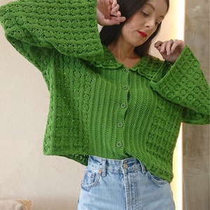 Cropped cotton cardigan Edwardian blouse Green knit cardigan image 5