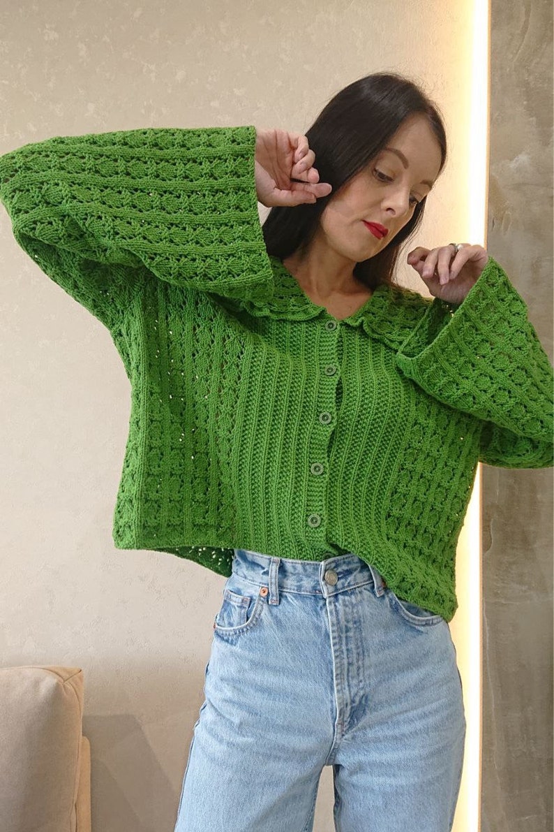 Cropped cotton cardigan Edwardian blouse Green knit cardigan image 5