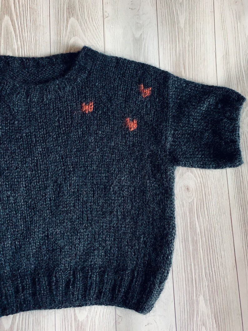 Short sleeve knit sweater Black mohair sweater Hand embroidered sweater image 10