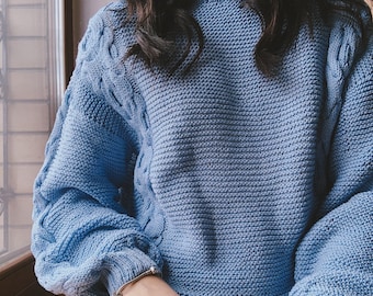 Light blue sweater Chunky cable knit sweater Cotton sweater women S M