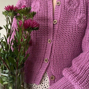 Embroidered cardigan crop Cropped cardigan pink Chunky knit wool cardigan for women image 8