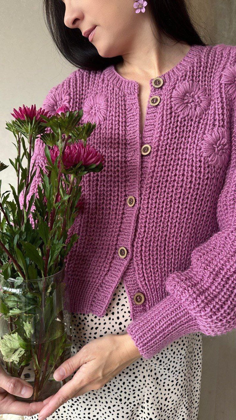 Embroidered cardigan crop Cropped cardigan pink Chunky knit wool cardigan for women image 8