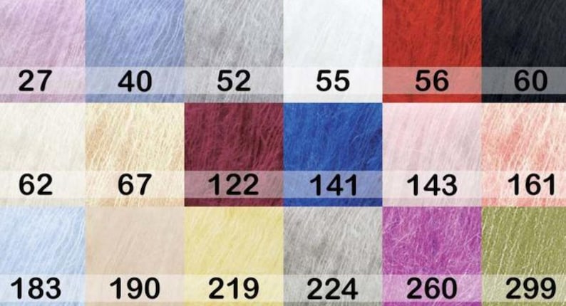 May include: A color chart of fluffy yarn samples in various shades, including pink, blue, white, red, and green. Each color is labeled with a number, such as 27, 40, 52, and 55. The yarn appears soft and textured.