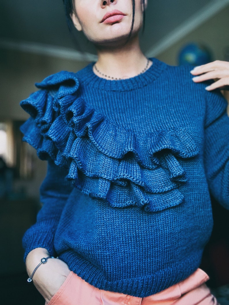 Sweaters With Ruffle Bottom Chunky Merino Wool Sweater Ruffle Sweater Hand Knit Blue Sweater - Etsy