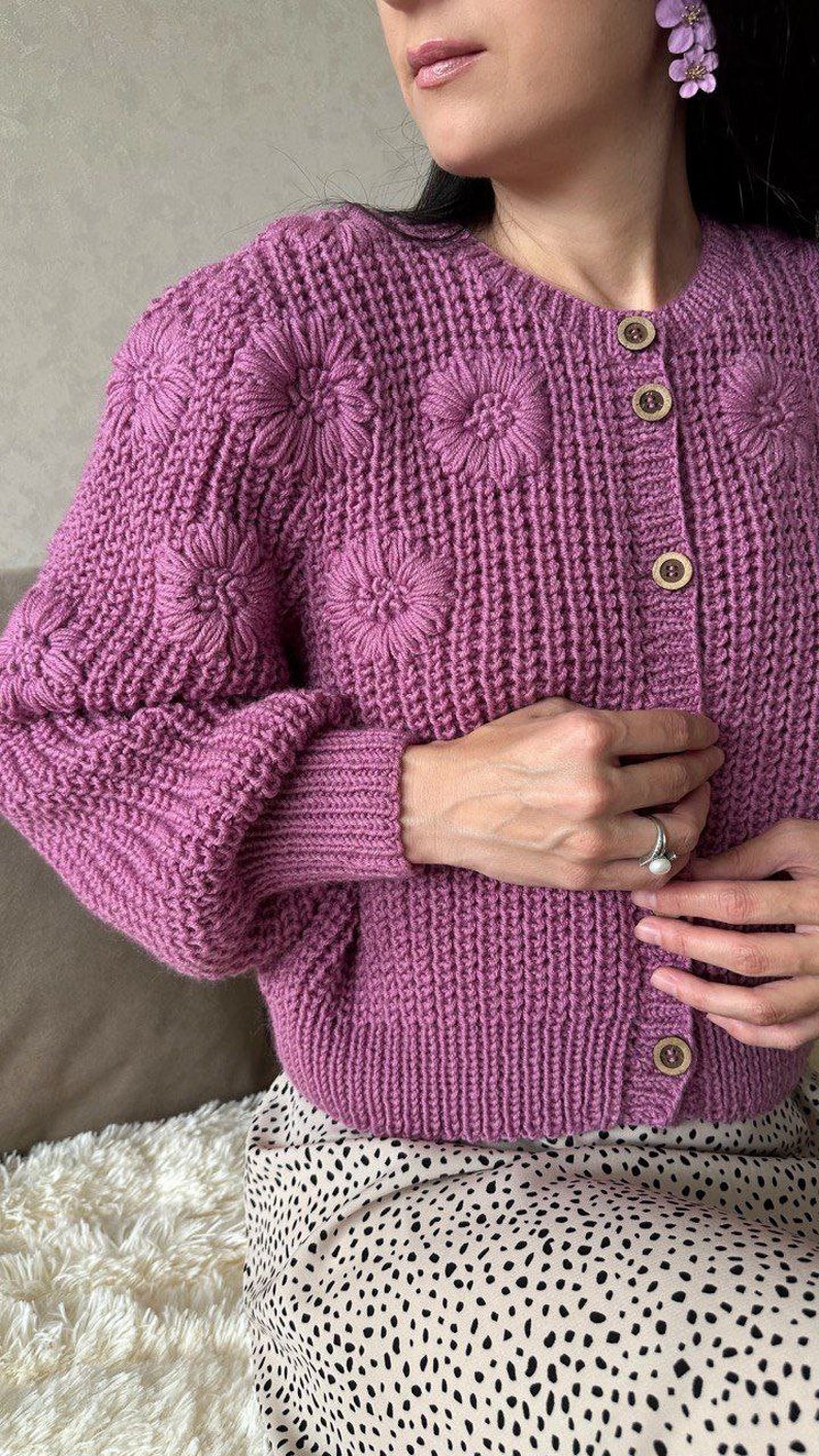 Embroidered cardigan crop Cropped cardigan pink Chunky knit wool cardigan for women image 3