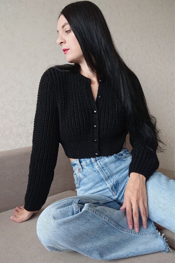 Button up Crop Top Cropped Knit Cardigan Black Wool Cardigan - Etsy Canada