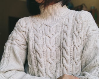 White cable sweater Chunky turtleneck sweater Merino wool sweater women