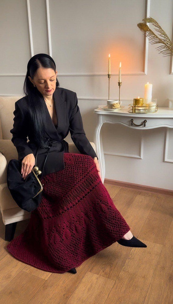 Crochet Maxi Skirt High Waist Elastic Skirt Long Wool Skirt