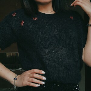 Short sleeve knit sweater Black mohair sweater Hand embroidered sweater image 9