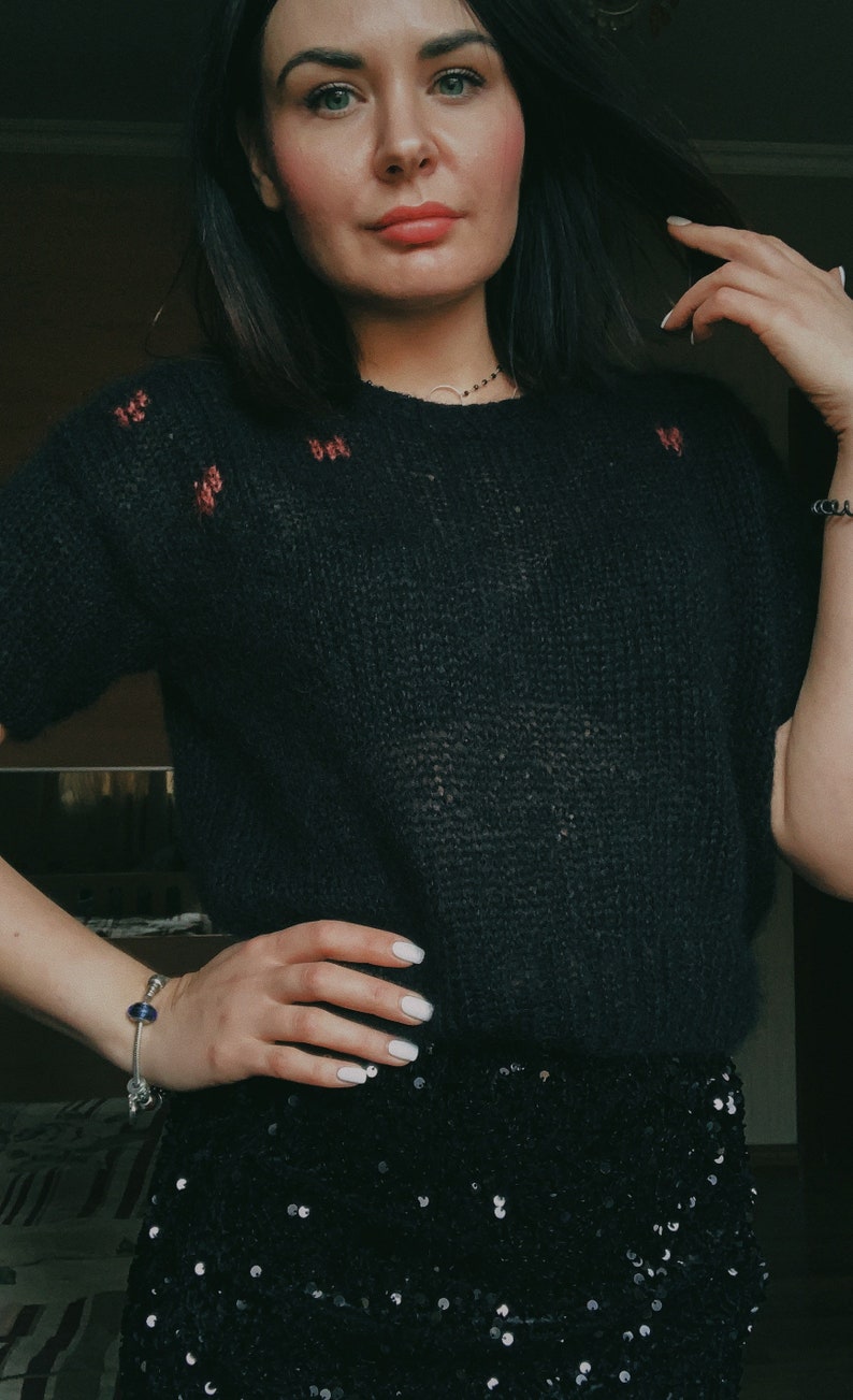 Short sleeve knit sweater Black mohair sweater Hand embroidered sweater image 9