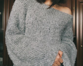 Gray knit sweater Alpaca sweater women Oversized off shoulder sweater