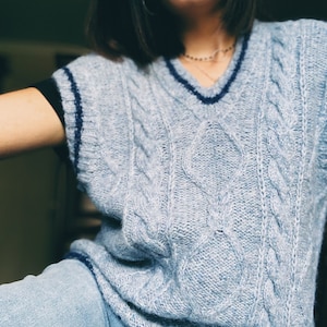 Oversized alpaca sweater vest Hand knit cable knit vest for women Chunky V neck pullover Layering wool vest