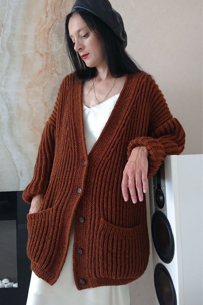 Mid length cardigan for women Chunky knit oversized cardigan Wool hand knit cardigan women image 2