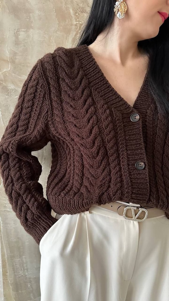 Brown Cable Knit Cardigan Aran Wool Cardigan Hand Knit Wool