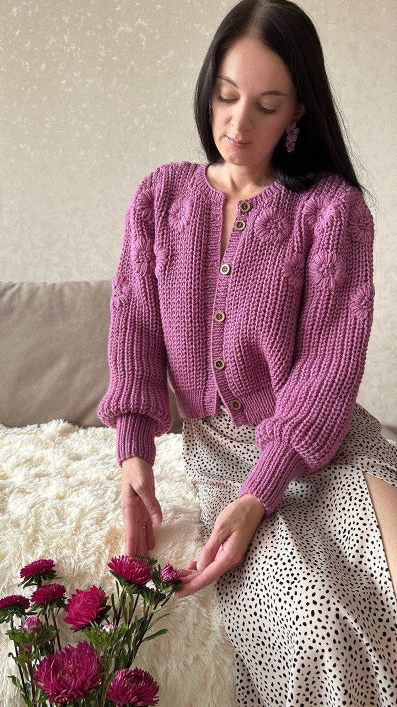 Embroidered cardigan crop Cropped cardigan pink Chunky knit wool cardigan for women image 1