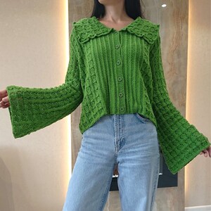 Cropped cotton cardigan Edwardian blouse Green knit cardigan image 8