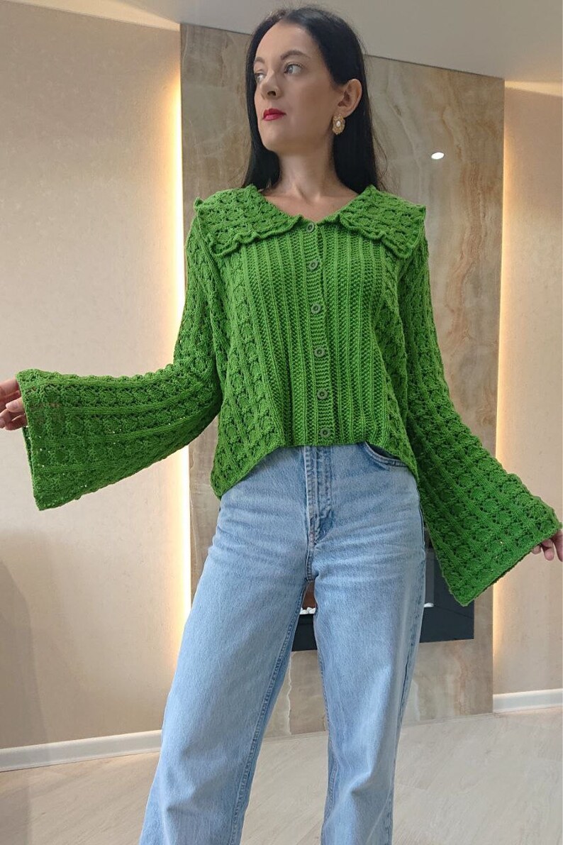 Cropped cotton cardigan Edwardian blouse Green knit cardigan image 8