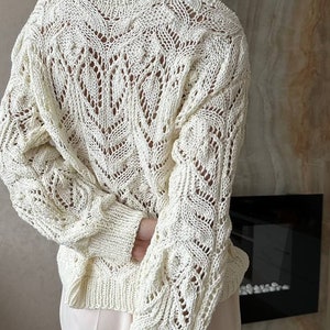 Chunky knit sweater cream Hand knit cotton sweater Knit lace sweater for women image 9