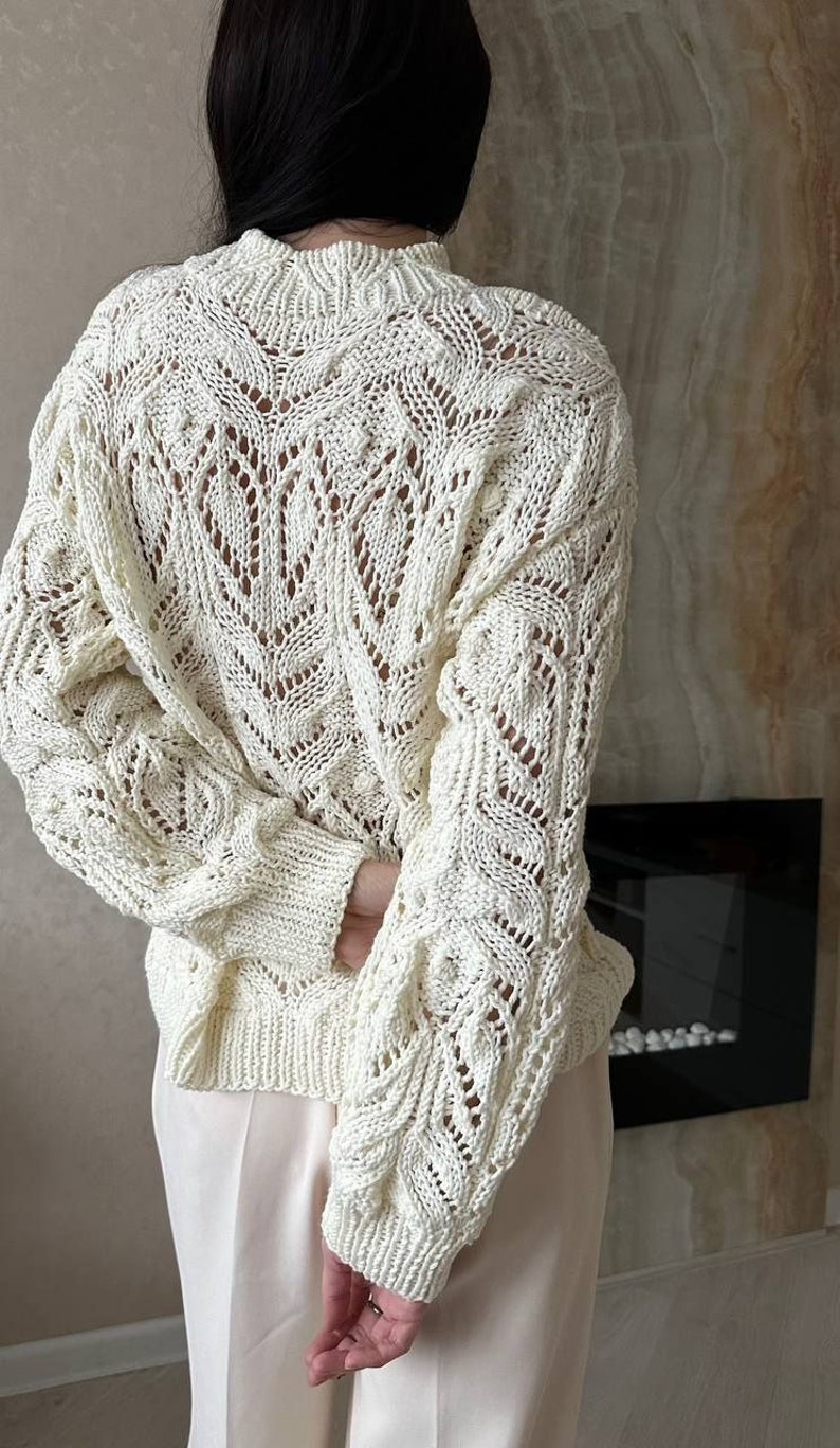 Chunky knit sweater cream Hand knit cotton sweater Knit lace sweater for women image 9