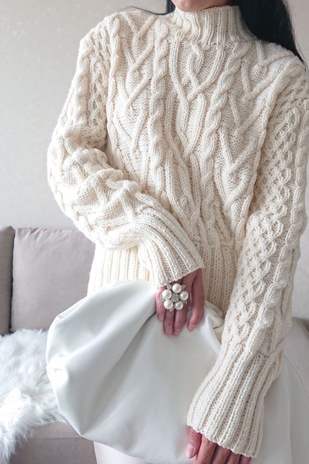 Cream Cable Knit Sweater Chunky Turtleneck Aran Sweater for Women Etsy
