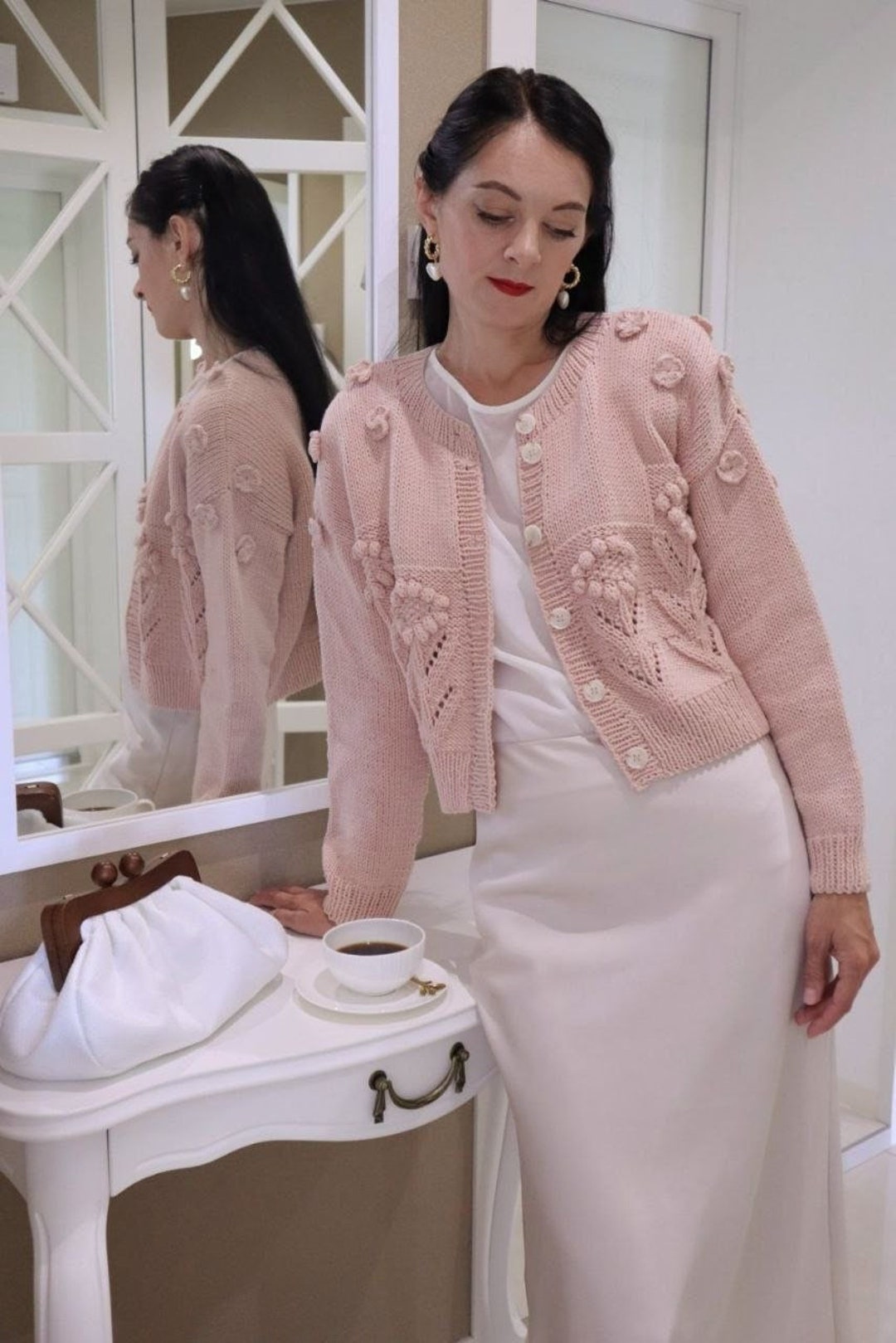 Pink Cropped Cardigan Flower Knit Cardigan Cotton Knit Etsy