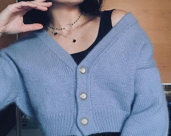 Cárdigan de angora azul Cárdigan de lana corto Cárdigan de lana hecho a mano XS