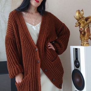 Mid length cardigan for women Chunky knit oversized cardigan Wool hand knit cardigan women image 5