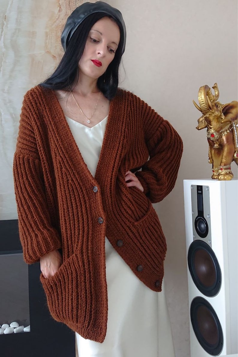 Mid length cardigan for women Chunky knit oversized cardigan Wool hand knit cardigan women image 5
