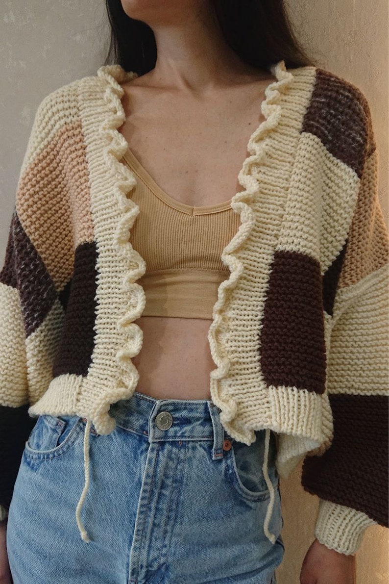 Oversized patchwork cardigan Cropped knit cardigan Chunky oversized cardigan for women image 8