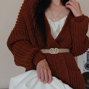 Mid length cardigan for women Chunky knit oversized cardigan Wool hand knit cardigan women image 6