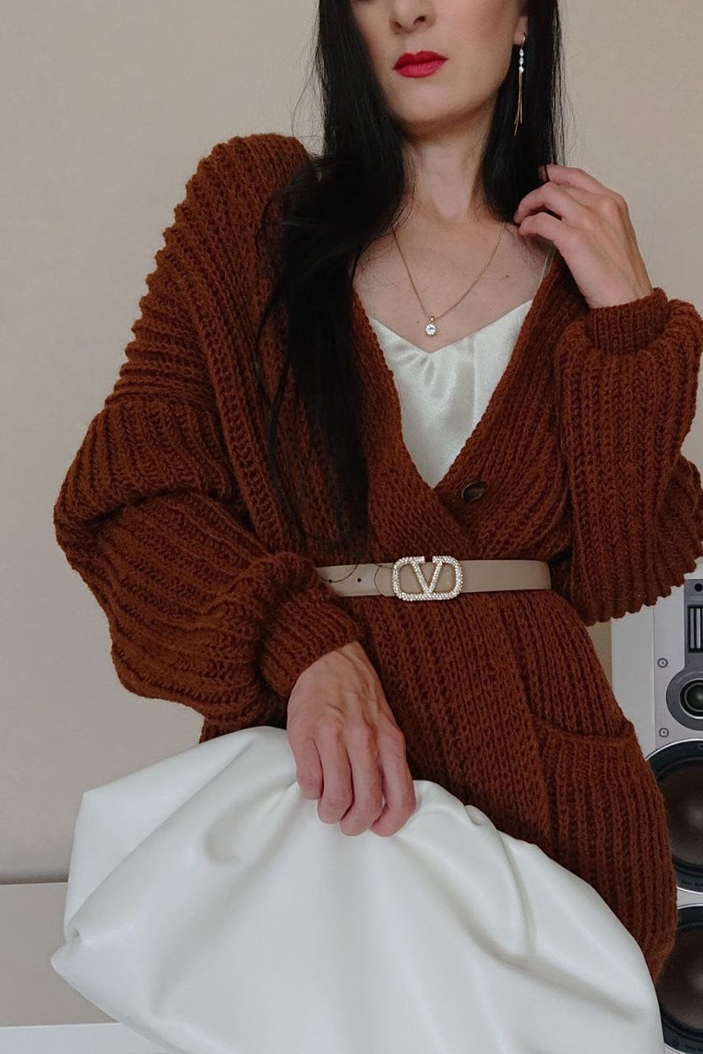 Mid length cardigan for women Chunky knit oversized cardigan Wool hand knit cardigan women image 6