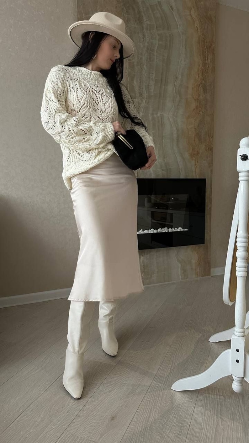 Chunky knit sweater cream Hand knit cotton sweater Knit lace sweater for women image 7