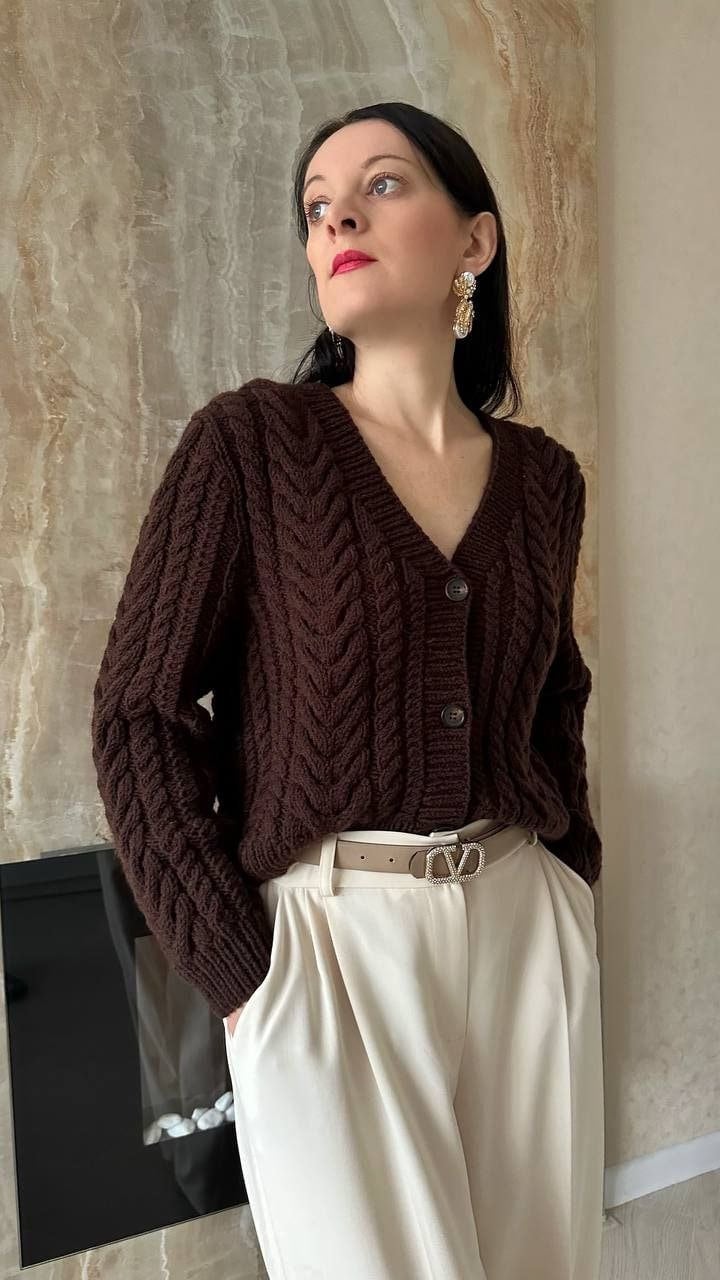 Brown Cable Knit Cardigan Aran Wool Cardigan Hand Knit Wool