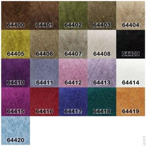 May include: A color chart of yarn skeins in various shades, including brown, green, purple, pink, blue, and white. Each color is labeled with a unique number, such as 64400, 64401, and 64402. The yarn appears soft and fluffy, ideal for knitting or crochet projects.