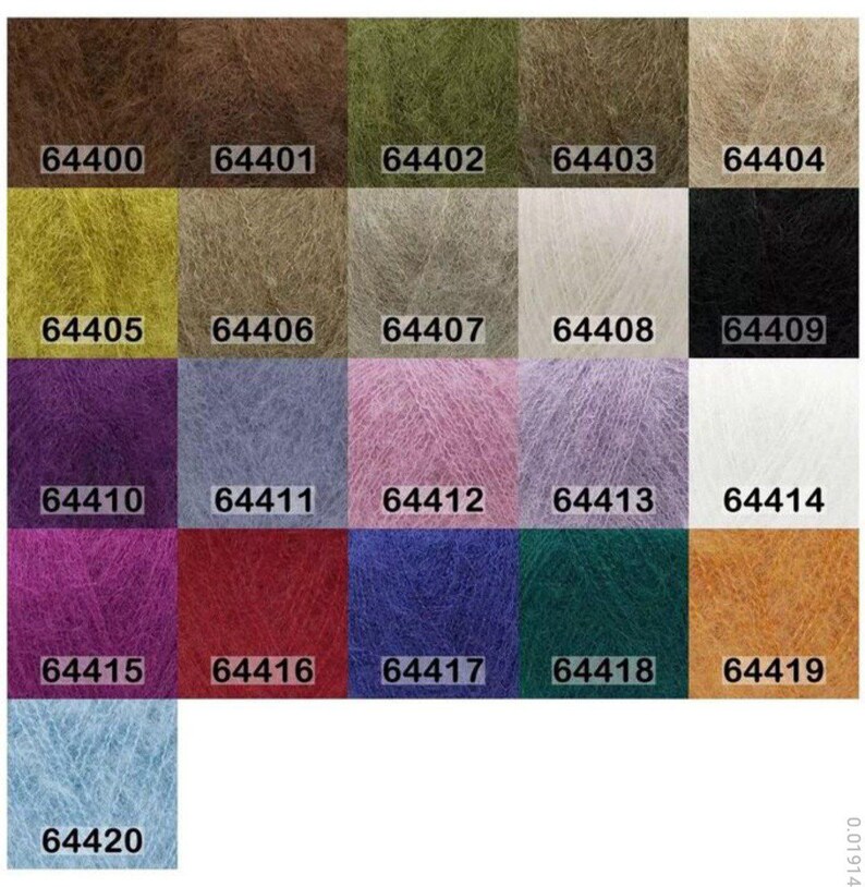 May include: A color chart of yarn skeins in various shades, including brown, green, purple, pink, blue, and white. Each color is labeled with a unique number, such as 64400, 64401, and 64402. The yarn appears soft and fluffy, ideal for knitting or crochet projects.