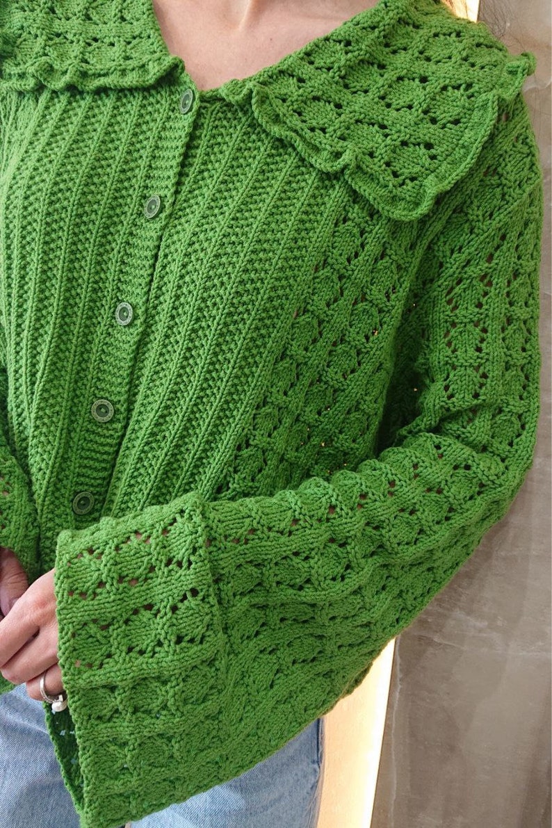 Cropped cotton cardigan Edwardian blouse Green knit cardigan image 7