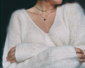 White mohair sweater Mohair silk sweater Hand knit cropped sweater