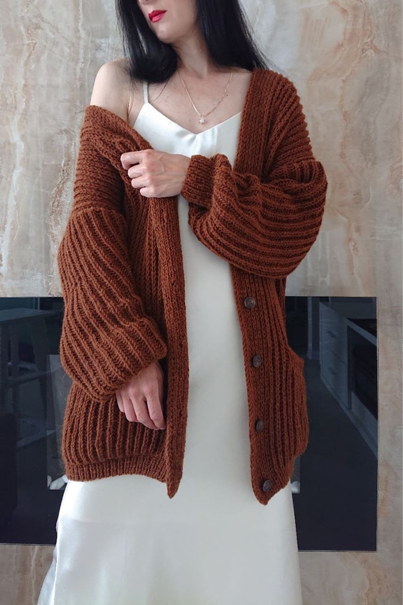 Mid length cardigan for women Chunky knit oversized cardigan Wool hand knit cardigan women image 4