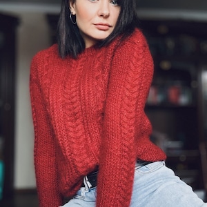 Red cable knit sweater Hand knit chunky cable sweater Chunky mohair sweater Aran sweater women