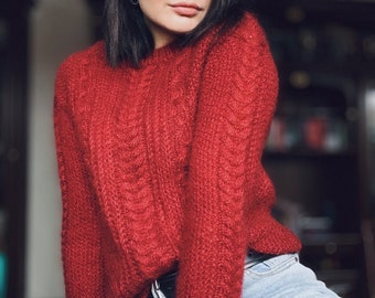 Red mohair sweater Cable knit sweater women Hand knit chunky sweater