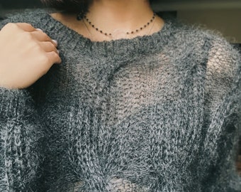 Oversized mohair sweater Cable knit sweater women Gray knit sweater